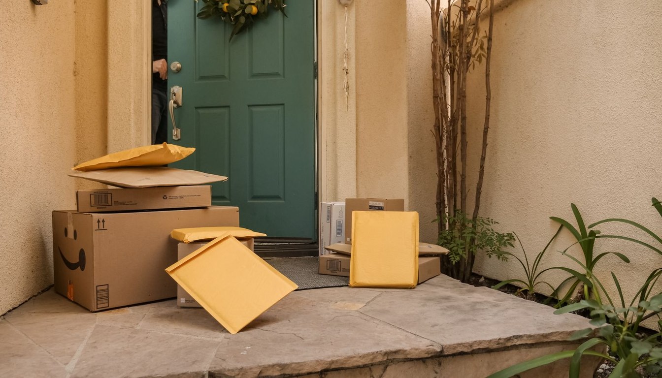 Delivery packages stacked at a front door on a porch
