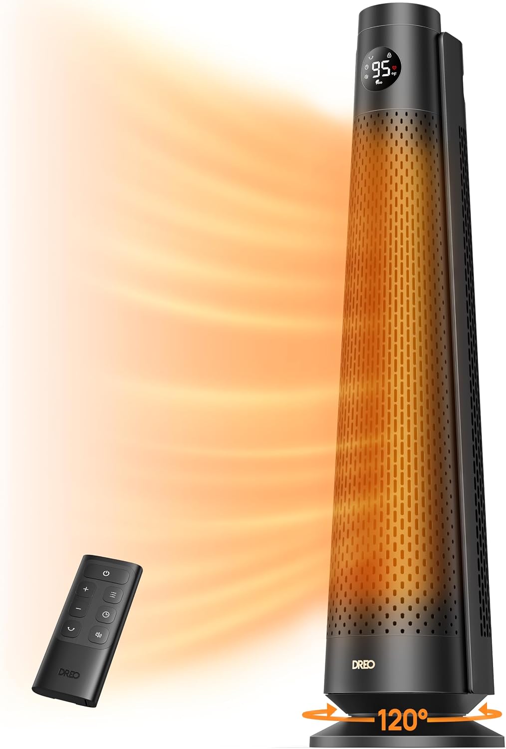 DREO 30-inch smart tower space heater with remote — real product photo