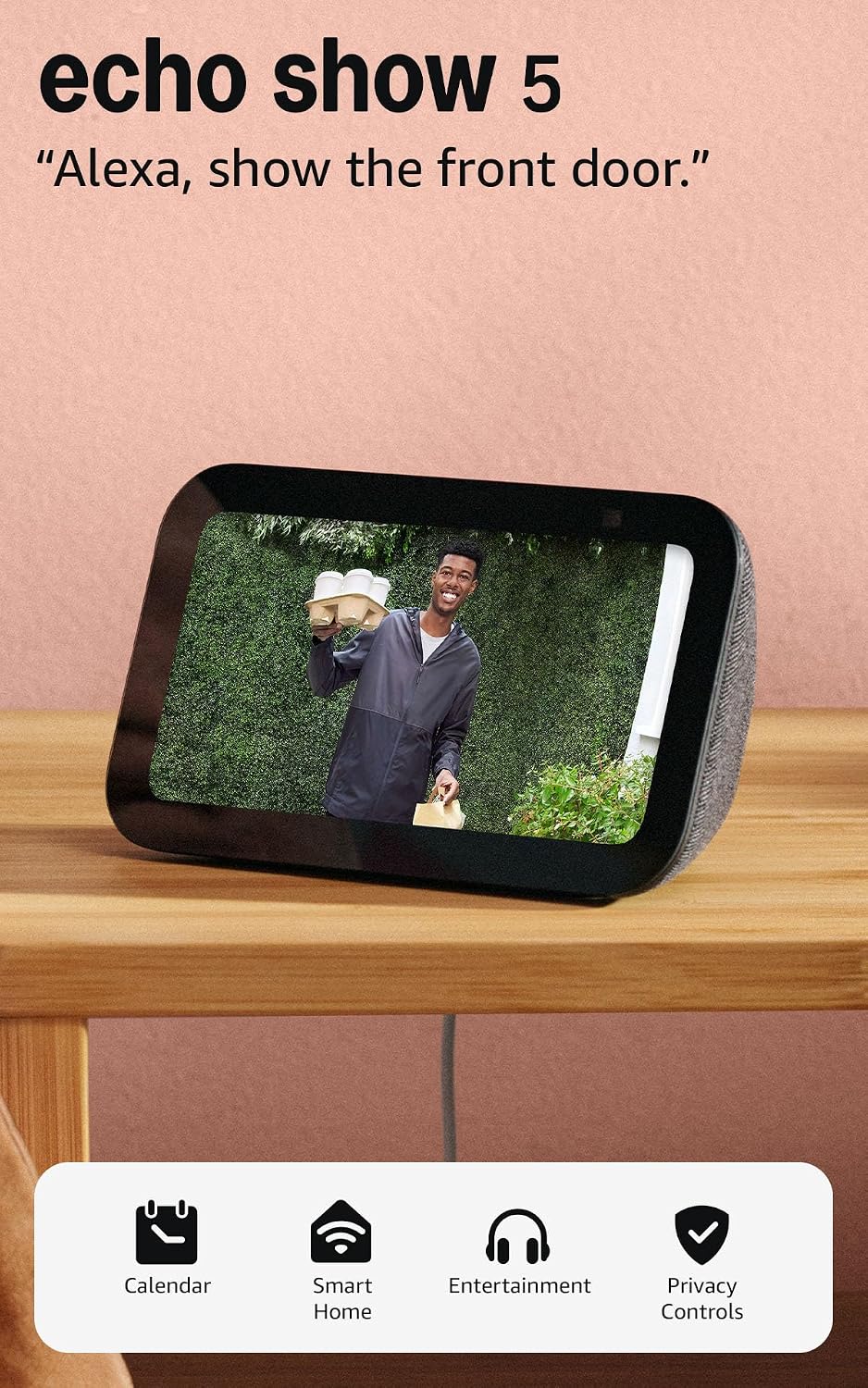 Amazon Echo Show 5 smart display showing a front-door camera feed on its 5.5-inch screen