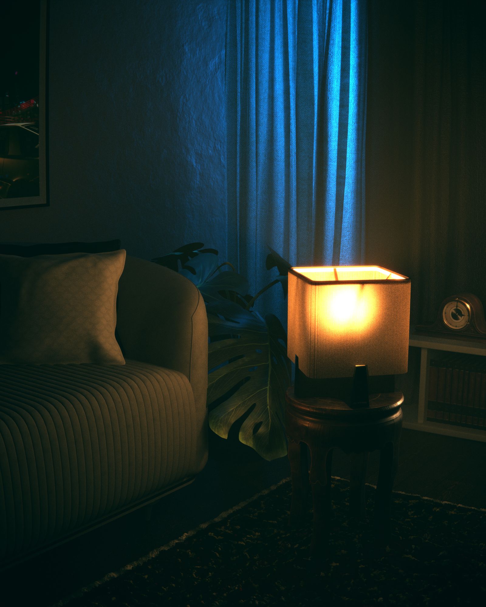 Cozy living room with dim warm lighting