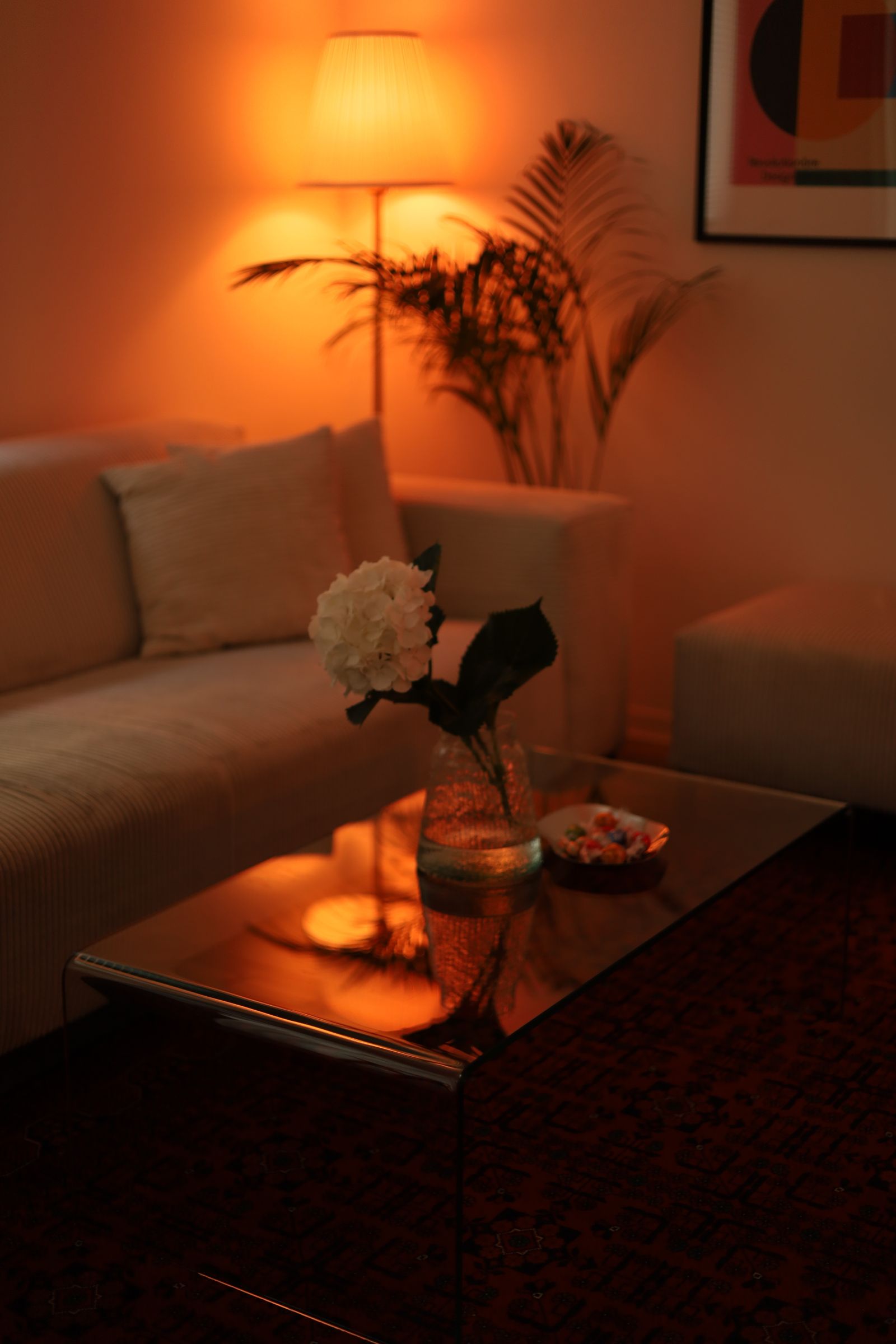 Cozy living room with warm ambient lighting