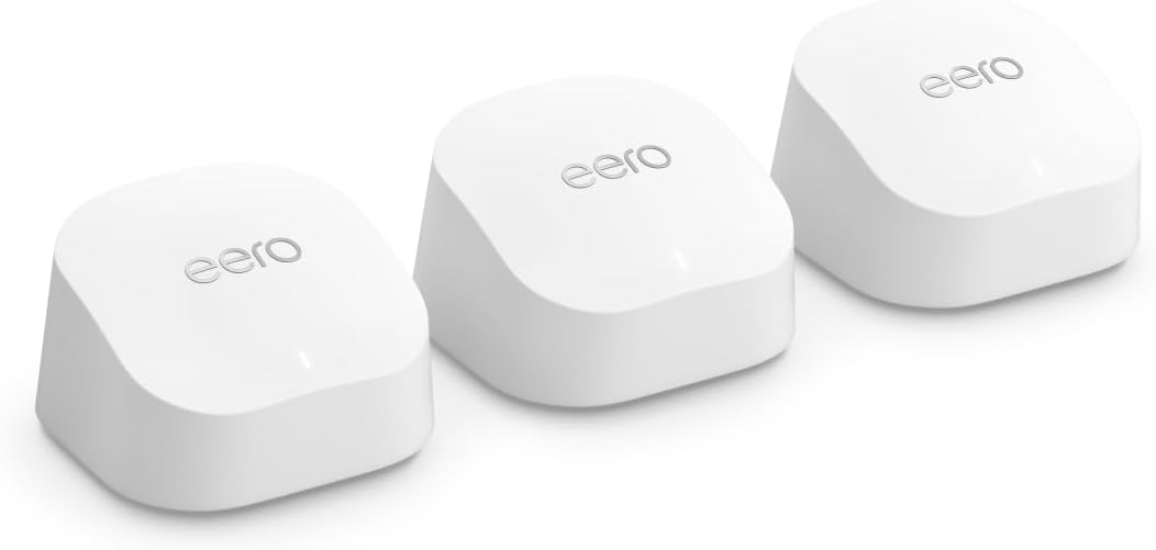 Three white eero 6+ mesh Wi-Fi units